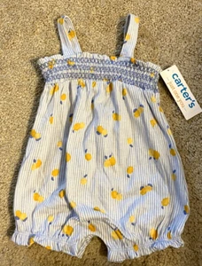 Just One You Baby Girls Romper Smocked Blue White Yellow Lemons 3 Months New - Picture 1 of 3