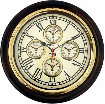 Vintage Wooden & Brass Wall Clock, World Time Clock, Home & Office Wall Decor - Image 1 of 3