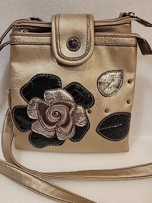 Relic Crossbody Wallet Purse Taupe Metallic Flower Rose Appliqué Faux Leather - Image 1 of 4