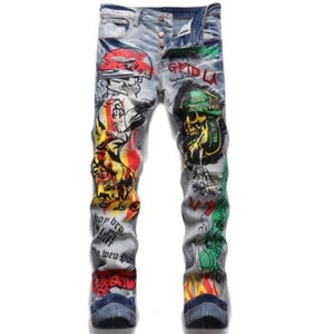 Herren Gothic Totenkopf Printed Straight Leg Gothic Denim Jeans Hose Trousers Punk - Bild 1 von 11