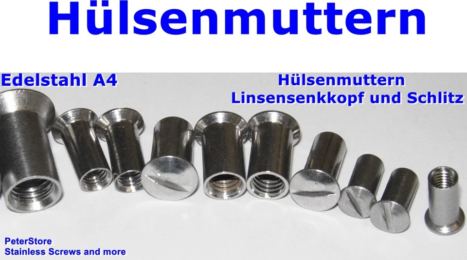 Hülsenmuttern   Linsensenkkopf  Schlitz  Edelstahl A4  M4 M5 M6 M8  Hülsenmutter - Bild 1 von 1