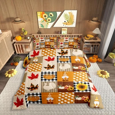 Retro Plaid Splicing Twin Size Comforter Set,Thanksgiving Theme Sunflower Pum... - Image 1 of 4