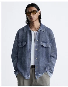 Zara Mens Combination Denim Trim Sweater   Size Large  Snap Close  NEW - Picture 1 of 12