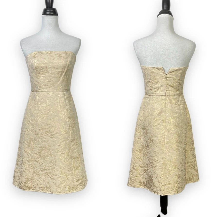 Vestido Max & Cleo Talla 6 Beige y Dorado Metálico Brocado Sin Tirantes Formal Baile de graduación Línea A Foto 1 de 4