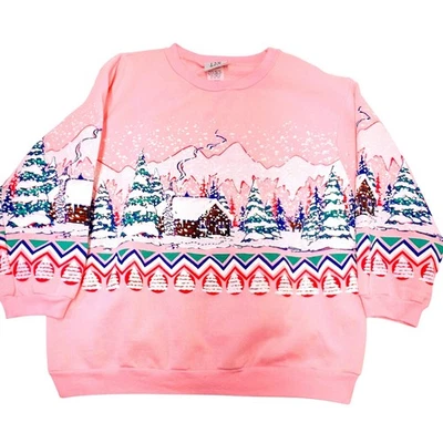 Sudadera vintage 150 WEST para mujer 2X rosa invierno cabina escena esquí Navidad Foto 1 de 4