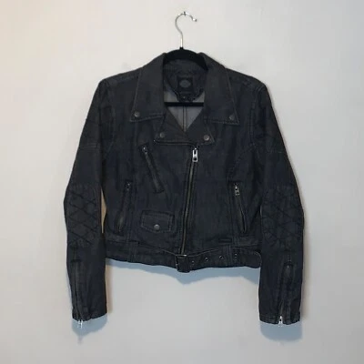 Harley Davidson Denim Moto Jacket Dark Gray Slim Fitted Full Zip Women's Size M - Image 1 of 4