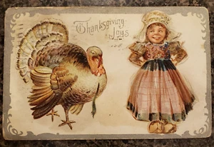 Antique Thanksgiving Post Card Turkey Dutch Girl with Wood Shoes - Picture 1 of 6