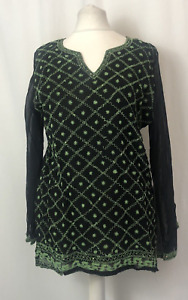 Sikka Silk Centre Womens Top South Asian Black Green Floral Size UK10 R968Charity item