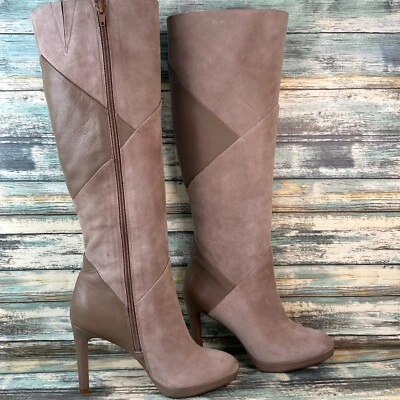 Antonio Melani Bota Alta Mujer 6M Taupe Gamuza Cuero Hasta la Rodilla Vestido Retazos Foto 1 de 4