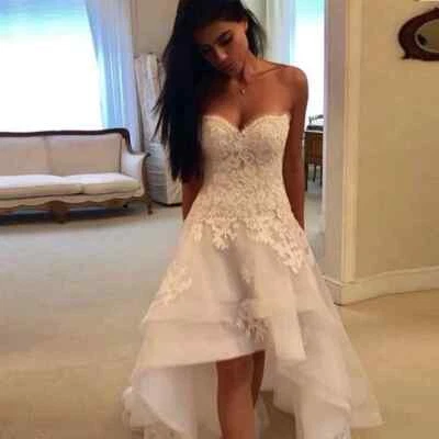 Beach Wedding Dresses Sweetheart Lace Applique High Low A-line Bridal Gowns - Image 1 of 4