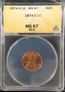 1974-D LINCOLN MEMORIAL CENT ANACS MS67 RD MONETA ROSSA ALTA QUALITÀ US (333) - Foto 1 di 2