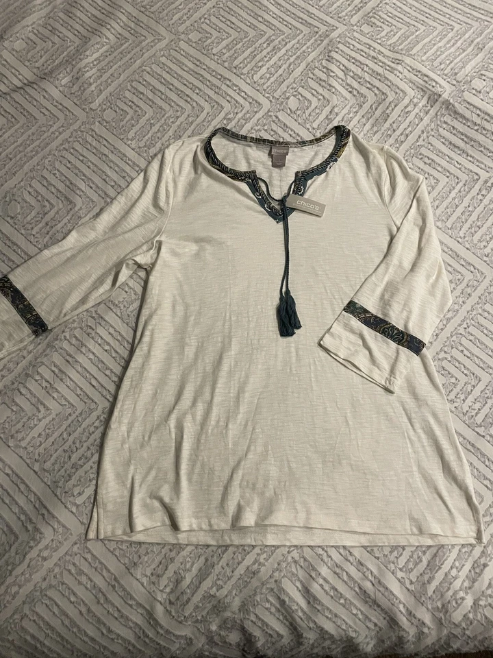 Chico's 2 Knit Tunic Top Boho Flare Ecru Cotton Modal 3/4 Sleeve Tie Neck