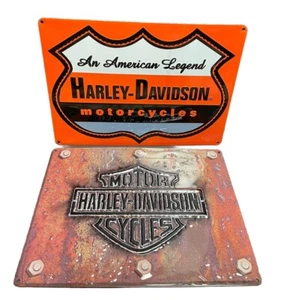 Set Of 2 Harley Davidson H-D Made Plate Embossed Tin Metal Sign- Bar and Shield - Picture 1 of 10