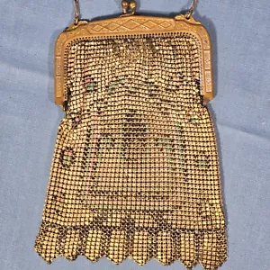 Antique 1920s Art Deco Flapper Mesh Chain Purse Enameled Gold Geometric Muted - Picture 1 of 17
