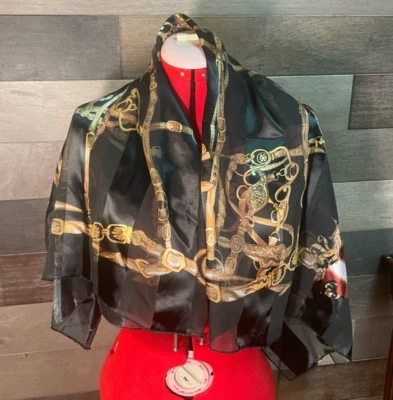 Gold Chain t Black Polyester Square Neck Scarf Shawl Wrap  Diameter 41 - Image 1 of 4