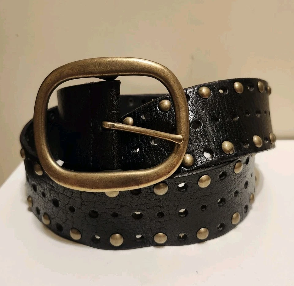 New Linea Pelle Black Leather Bronze Studded Wide Belt Womens Sz.L Ret. $165 - Image 1 of 4