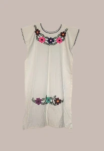 Mexican Hand Embroidered Floral Women's Dress Puebla Tunic Dress L Huipil  - Picture 1 of 8