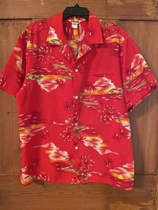 Vintage Calabash Cuzzins Hawaii Red Yellow Orange Sunset Palms Shirt XL - Picture 1 of 7