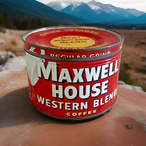 Vintage Maxwell House Western Blend 1 lb Key Wind Coffee Tin w/ Lid (Empty) - Picture 1 of 8