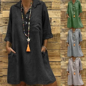 Loose Fit Swing Dress Women Cotton Linen Plus Size Plain 3/4 Sleeve Shirt Dress - Picture 1 of 29