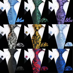 Men Floral Paisley Necktie Handkerchief Cufflink Pocket Square Wedding Party Set - Picture 1 of 14