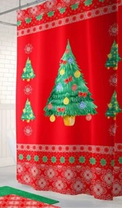Badezimmer Set Weihnachten Duschvorhang mit Haken & Vorleger Stoff 14 tlg rot - Bild 1 von 8