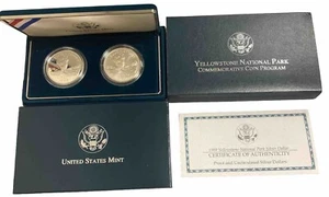 1999 Yellowstone 2pc MS/PR, Proof & Uncirculated Silver Dollars, OGP & COA - Picture 1 of 5