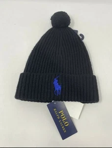 Polo Ralph Lauren Big Pony Men's Wool Beanie Pom Cap Winter Black Hat One Size - Picture 1 of 2