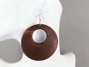wood round earrings Brown big lightweight dangle wooden circle disc 3 1/8" long - Picture 1 of 9