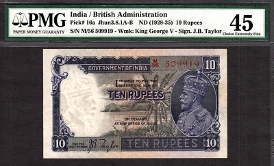 British India 10 Rupees KGV (1928-35) J.B Taylor Pick-16a Extra Fine PMG 45 Rare - Image 1 of 2