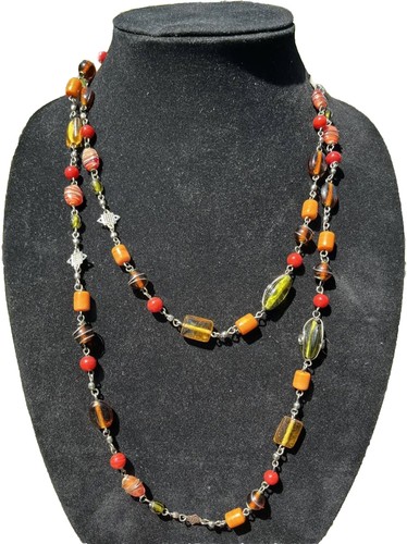 MICHAEL KORS Collana filo lungo MCM anni 50 misto vetro artistico pietra ambra corallo filo ritorto