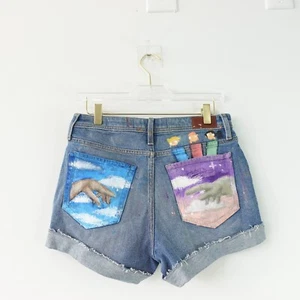 HOLLISTER Shorts 7 Blue Denim Hand Painted Art Streetwear Pop Cool Fun Y2K 28/3 - Picture 1 of 16