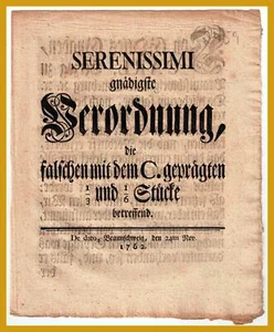 Münzverordnung Münzen Braunschweig 1762 ORIGINAL! - Picture 1 of 1