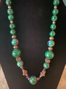 20" Vintage Silver and Natural Malachite, Lapis & Sugilite Bead Necklace~153.3 g - Picture 1 of 9