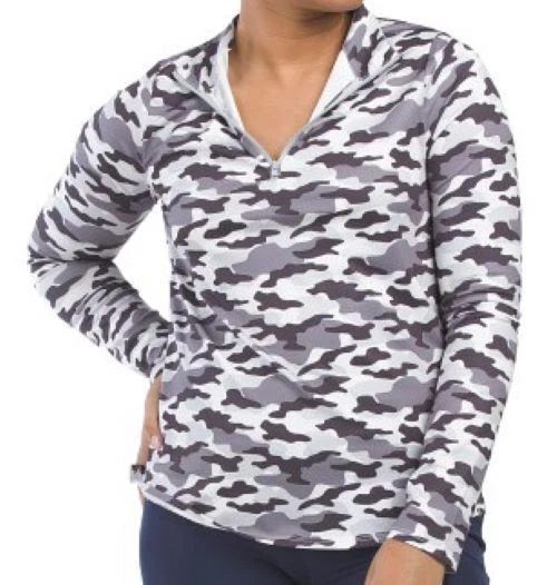 NWT BELYN KEY Gray Scale Camo Print Long Sleeve Mock Golf Shirt XS S M & L - Imagem 1 de 1