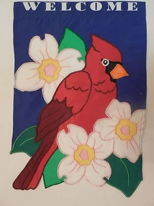 "WILLKOMMEN" Kardinal roter Vogel & Hartriegel Blumen, geformt um Schwanz, Gartenfahne - Bild 1 von 4