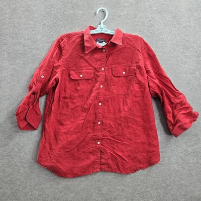 Chaps Women Button Up Shirt 1X Red 100% Linen Long Roll Tab Sleeve Collar Pocket - Image 1 of 4
