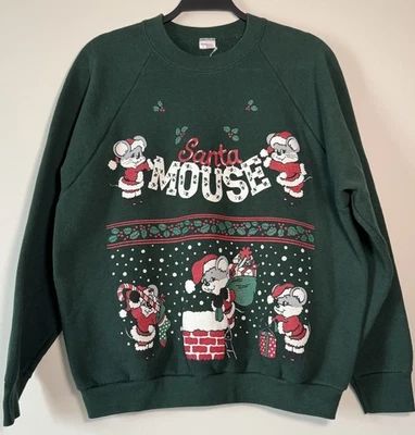 Vtg Santa Mouse Christmas Dark Green Crewneck Sweatshirt USA MADE 90s Large - Image 1 of 4