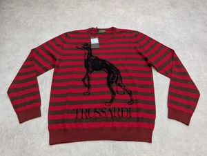 Trussardi Jumper Mens XXL Wool Knit Sweater Preppy Smart Grey Hound Dog Stripe - Picture 1 of 10