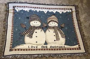 VALORIE EVERS WENT LOVE ONE ANOTHER SNOWMEN FOLK ART TAPESTRY 48" X 67" - Picture 1 of 2