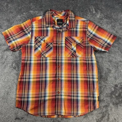 Prana Multicolor Plaid Cotton Blend Short Sleeve Button-Up Mens Shirt Medium Red - Image 1 of 4