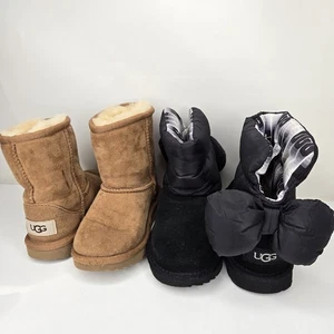 Ugg Bailey Bow Maxi Puffer & Classic Short Boots Kids Girls Size 9 & 10 Suede Lo - Picture 1 of 20