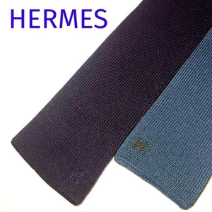 Hermes 100% Silk Reversible Knit Tie Brown Navy Dark Blue Green 58 in Used - Picture 1 of 19