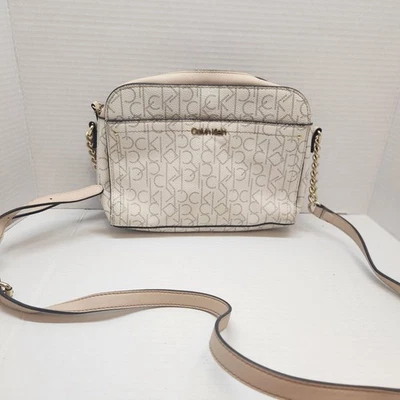 Calvin Klein Crossbody Purse Logo Cream Tan Adjustable Strap Gold Accent - Image 1 of 4