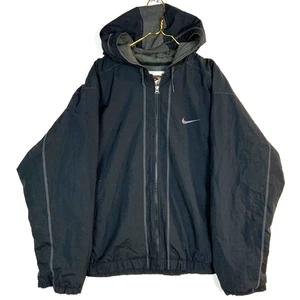 Vintage Nike Puffer Jacket Large Black Hooded Full Zip Quilt Lined Swoosh - Picture 1 of 3