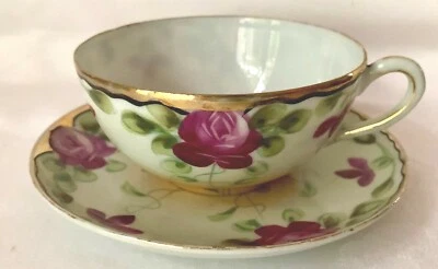 ELEGANTE JUEGO DE TAZAS Y PLATILLOS JAPONESES ANTIGUOS, ROSAS DE REPOLLO ROSA, MARCA AZUL JAPÓN Foto 1 de 4