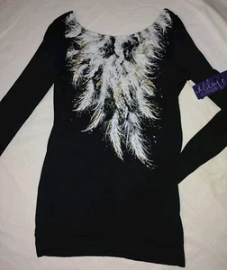Miley Cyrus & Max Azria Black Feather Printed BoatNeck Knit Long Top Angel XL Nw - Picture 1 of 5