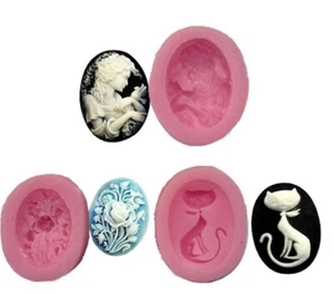 3Pcs/Set Oval Silicone Molds - Girl, Cat, Flower - for Resin, Jewelry, Pendants - Picture 1 of 2
