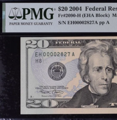 2004 $20 Federal Reserve Note PMG 64EPQ wanted popular low serial number 0002827 - Image 1 of 3