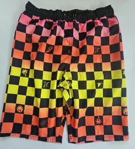 Hurley Big Boys XL Board Swim Shorts Lined Black Yellow Orange Check Trunks - Picture 1 of 2